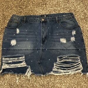 Boohoo Blue Distressed Raw Hem Denim Mini Skirt